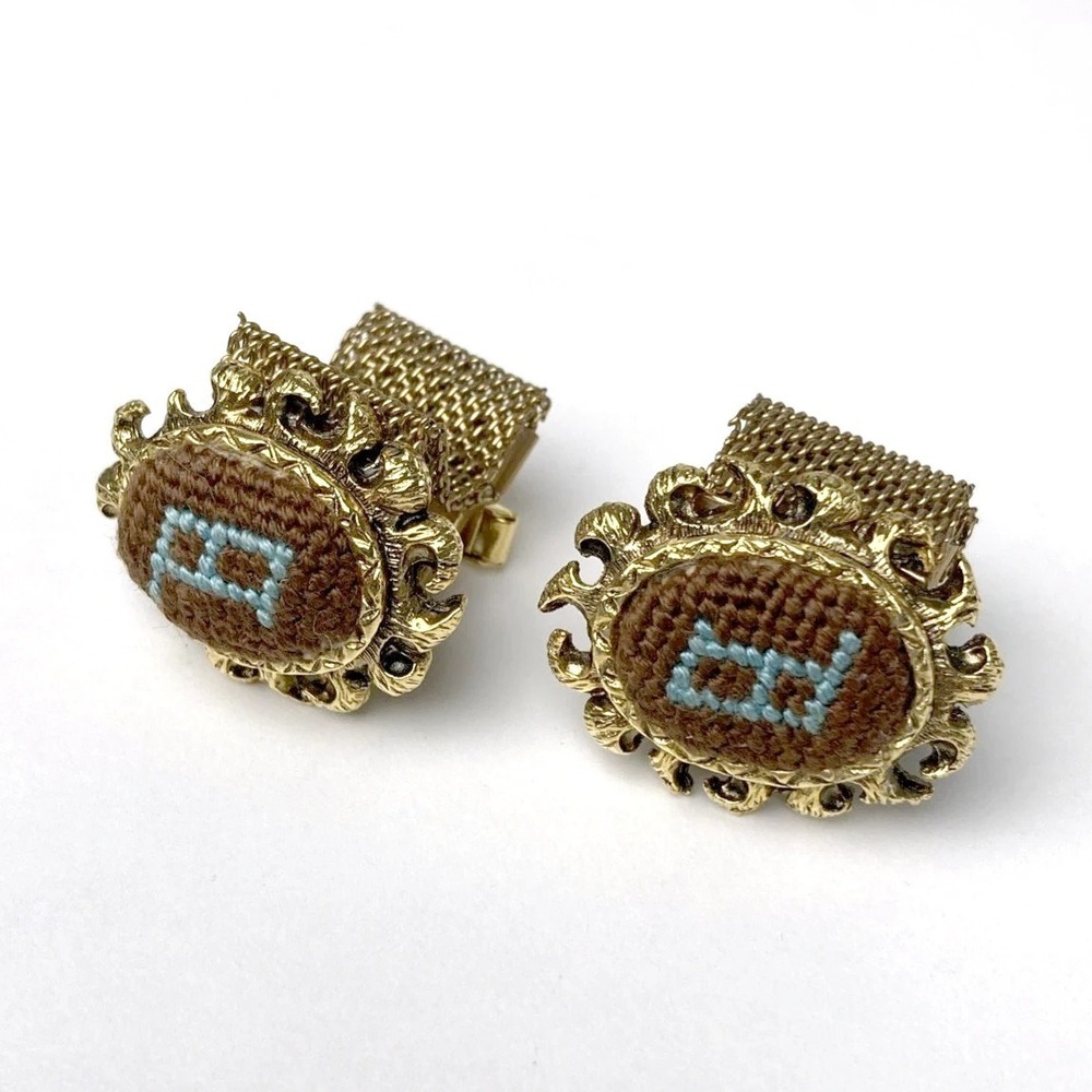 Vintage Estate Mesh Wrap Shirt Gold Cufflinks Pat.2920363 fabric‎ initial B
